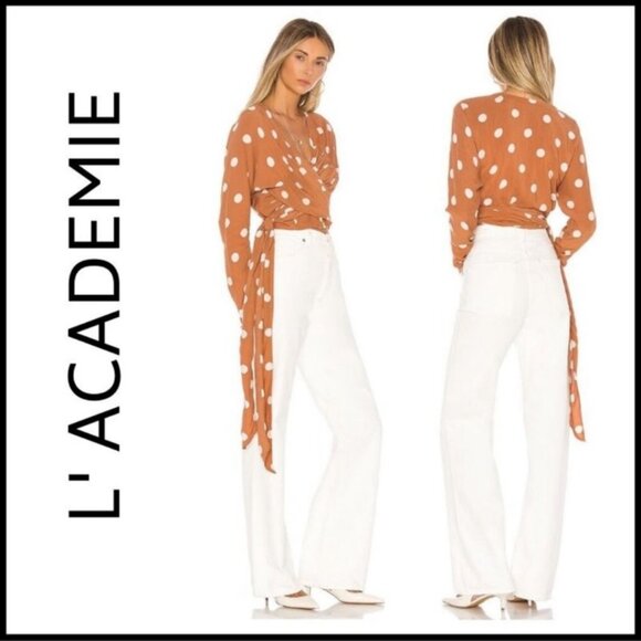 L' Academie The Lydie top in a rust/brown with large white polka dots sz med - Picture 2 of 6